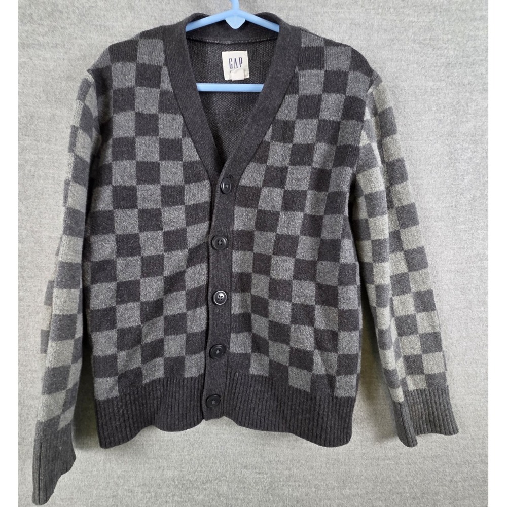 GapKids Boys XS 4-5 Cardigan Sweater Gray Checkerboard Pattern School Preppy